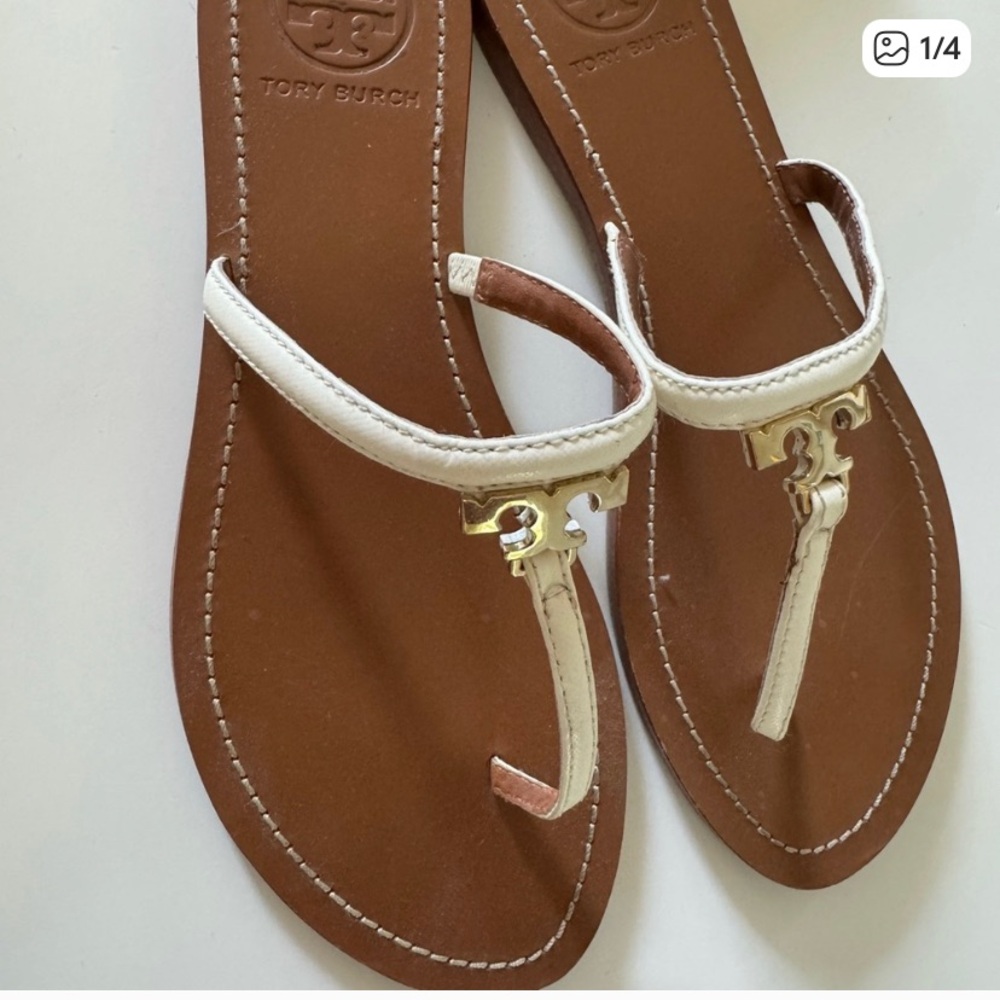 Tory Burch White Leather Thong Sandals with Gold Logo Accent on Brown Footbed